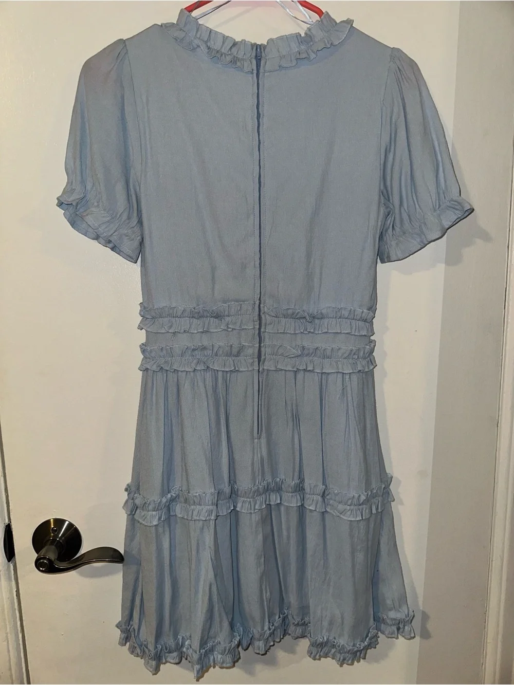 Powder Blue Ruffle V-Neck Mini Dress - Picture 2 of 7